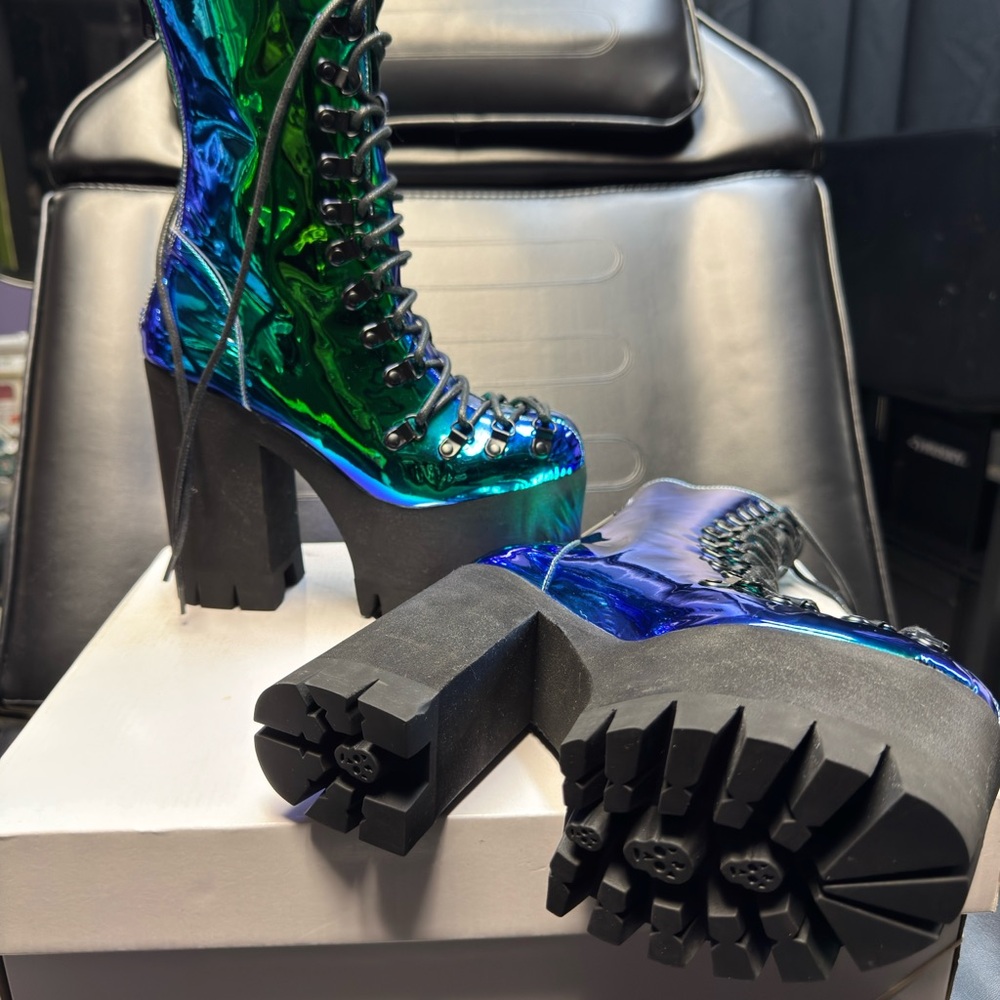 Holographic Platform Lace-Up Boots
